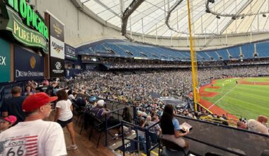 A sellout crowd of 25,114 was treated to pregame ceremonies that included first pitches by St. Pete Mayor Ken Welch and Tampa Mayor Jane Castor, and a national anthem rendering from country music star Eric Church. (Spectrum News/Michael Epps)
