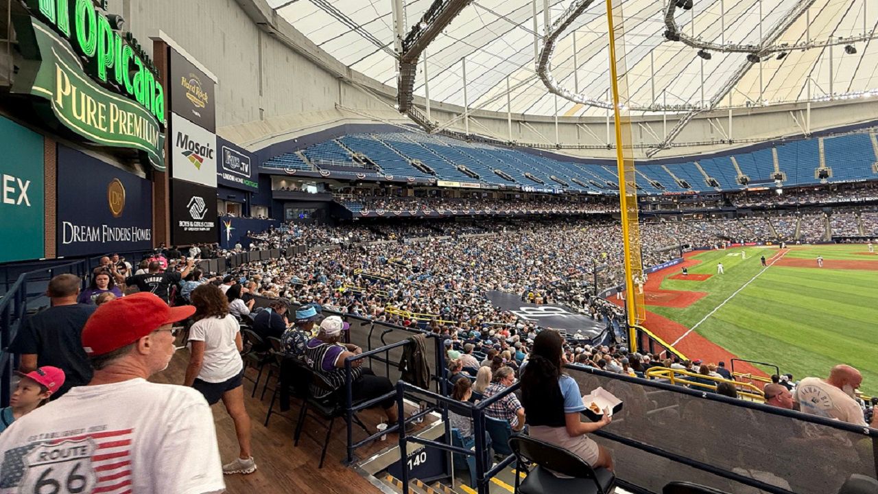 A sellout crowd of 25,114 was treated to pregame ceremonies that included first pitches by St. Pete Mayor Ken Welch and Tampa Mayor Jane Castor, and a national anthem rendering from country music star Eric Church. (Spectrum News/Michael Epps)