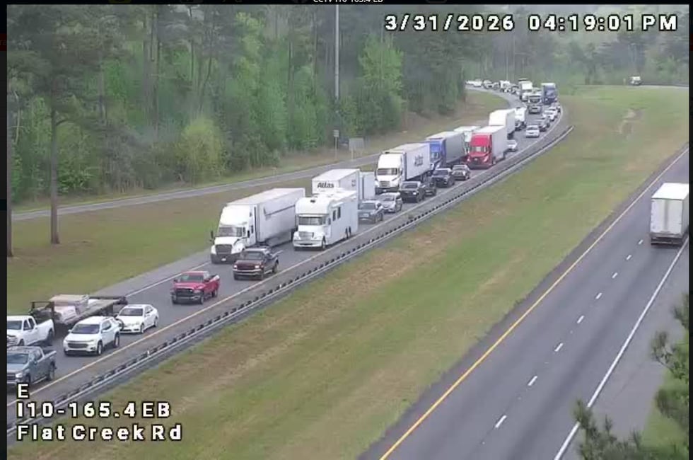 A traffic camera shows traffic backed up on I-10 at 4:19 p.m. in Gadsden County. 