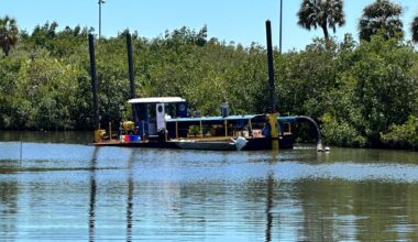 A dredger began pulling sediment from the bottom of Bartlett Lake in St. Petersburg last Thursday to create more storage volume for floodwater. (Spectrum News/Josh Rojas)