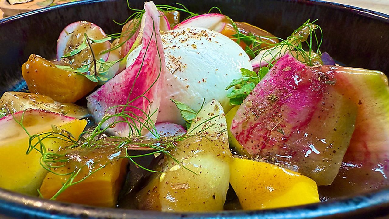 Twin View’s Wagyu NY Strip and Roots & Burrata Salad