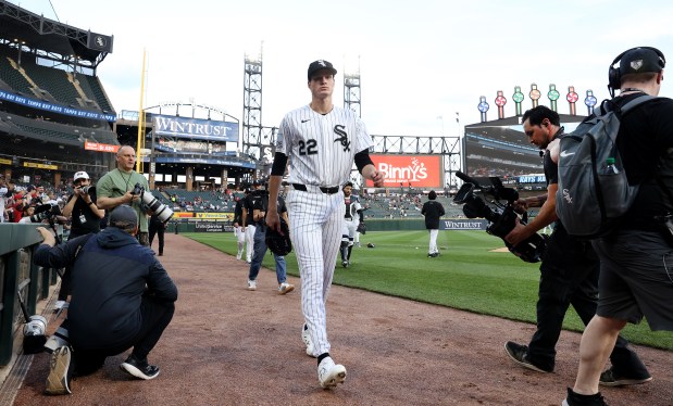 Chicago White Sox starting pitcher Noah Schultz (22) walks from the bullpen to the dugout before his MLB debut against the Tampa Bay Rays at Rate Field in Chicago on April 14, 2026. (Chris Sweda/Chicago Tribune)