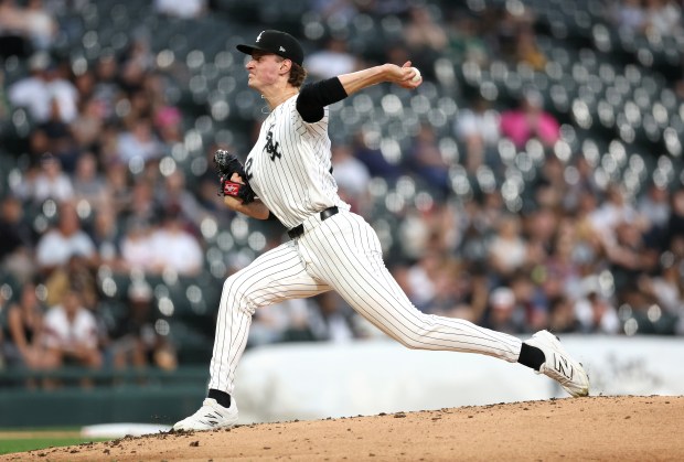 Chicago White Sox starting pitcher Noah Schultz (22) delivers to the Tampa Bay Rays in the second inning of a game at Rate Field in Chicago on April 14, 2026. (Chris Sweda/Chicago Tribune)