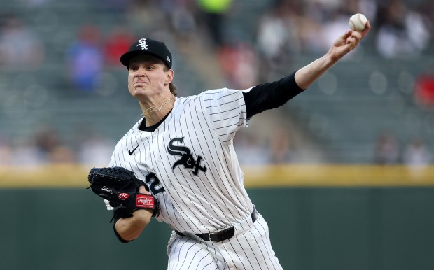 Chicago White Sox starting pitcher Noah Schultz (22) delivers to the Tampa Bay Rays in the first inning of a game at Rate Field in Chicago on April 14, 2026. (Chris Sweda/Chicago Tribune)