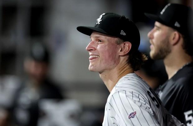 Chicago White Sox starting pitcher Noah Schultz (22) has a laugh in the dugout after being pulled from the game in the fifth inning against the Tampa Bay Rays at Rate Field in Chicago on April 14, 2026. (Chris Sweda/Chicago Tribune)