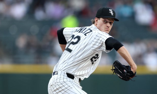 Chicago White Sox starting pitcher Noah Schultz (22) delivers to the Tampa Bay Rays in the first inning of a game at Rate Field in Chicago on April 14, 2026. (Chris Sweda/Chicago Tribune)