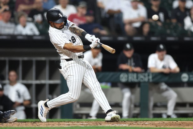 Chicago White Sox right fielder Everson Pereira hits a 3-run home run in the third inning of a game against the Tampa Bay Rays at Rate Field in Chicago on April 14, 2026. (Chris Sweda/Chicago Tribune)