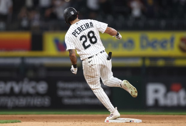 Chicago White Sox right fielder Everson Pereira rounds the bases after hitting a 3-run home run in the third inning of a game against the Tampa Bay Rays at Rate Field in Chicago on April 14, 2026. (Chris Sweda/Chicago Tribune)