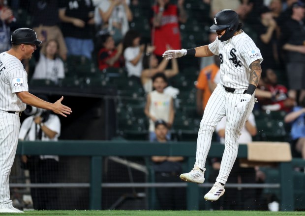 Chicago White Sox right fielder Everson Pereira celebrates as he rounds the bases after hitting a 3-run home run in the third inning of a game against the Tampa Bay Rays at Rate Field in Chicago on April 14, 2026. (Chris Sweda/Chicago Tribune)