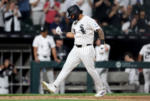 Chicago White Sox right fielder Everson Pereira celebrates as he crosses home plate after hitting a 3-run home run in the third inning of a game against the Tampa Bay Rays at Rate Field in Chicago on April 14, 2026. (Chris Sweda/Chicago Tribune)
