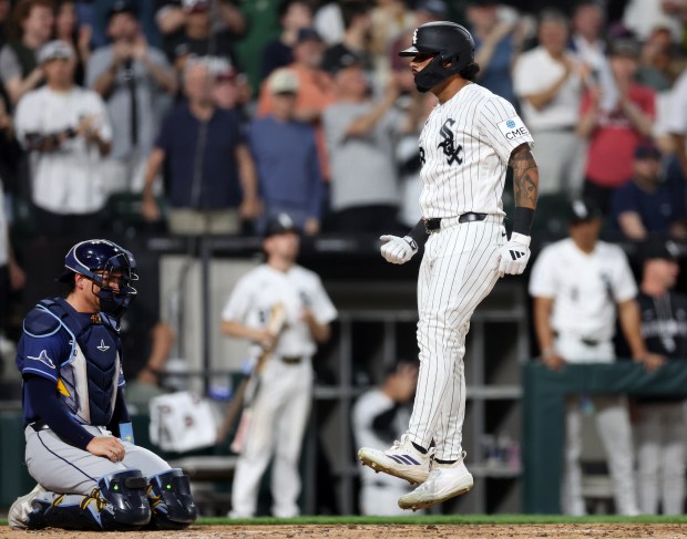 Chicago White Sox right fielder Everson Pereira celebrates as he crosses home plate after hitting a 3-run home run in the third inning of a game against the Tampa Bay Rays at Rate Field in Chicago on April 14, 2026. (Chris Sweda/Chicago Tribune)