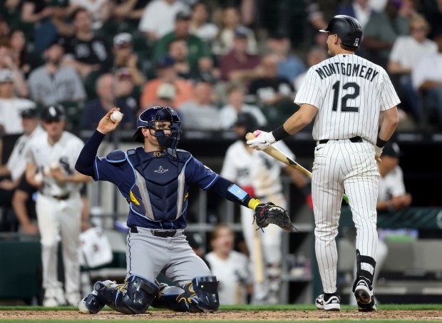 Chicago White Sox designated hitter Colson Montgomery (12) walks to the dugout after striking out in the third inning of a game against the Tampa Bay Rays at Rate Field in Chicago on April 14, 2026. (Chris Sweda/Chicago Tribune)