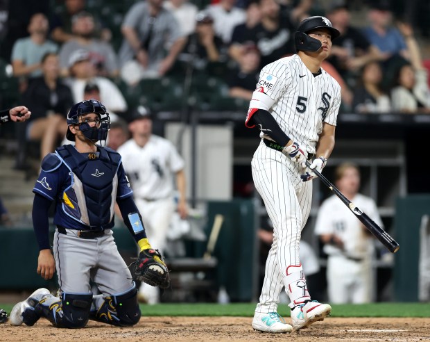 Chicago White Sox first baseman Munetaka Murakami watches the flight of his two-run home run in the ninth inning of a game against the Tampa Bay Rays at Rate Field in Chicago on April 14, 2026. (Chris Sweda/Chicago Tribune)