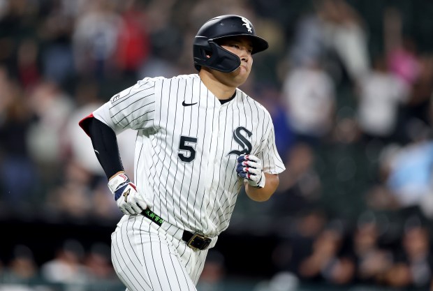 Chicago White Sox first baseman Munetaka Murakami rounds the bases after hitting a two-run home run in the ninth inning of a game against the Tampa Bay Rays at Rate Field in Chicago on April 14, 2026. (Chris Sweda/Chicago Tribune)
