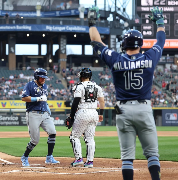 Tampa Bay Rays first baseman Jonathan Aranda crosses the plate to score on a double by teammate Ryan Vilade in the first inning of a game against the Chicago White Sox at Rate Field in Chicago on April 14, 2026. (Chris Sweda/Chicago Tribune)