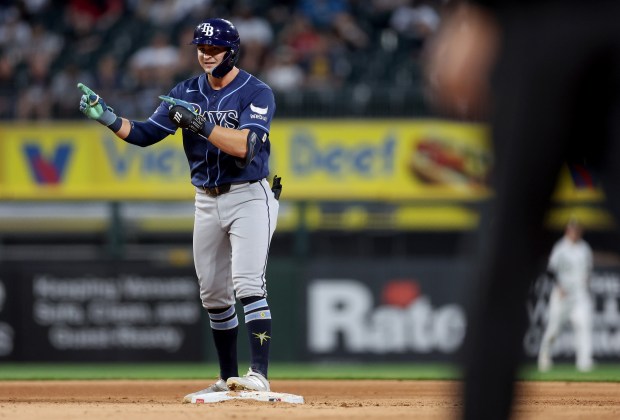 Tampa Bay Rays second baseman Ben Williamson celebrates at second base after driving in a run on a double in the in the third inning of a game against the Chicago White Sox at Rate Field in Chicago on April 14, 2026. (Chris Sweda/Chicago Tribune)
