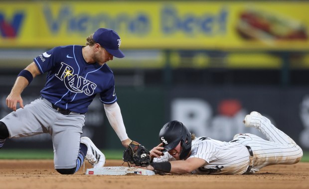 Chicago White Sox second baseman Chase Meidroth steals second base in the third inning of a game against the Tampa Bay Rays at Rate Field in Chicago on April 14, 2026. (Chris Sweda/Chicago Tribune)