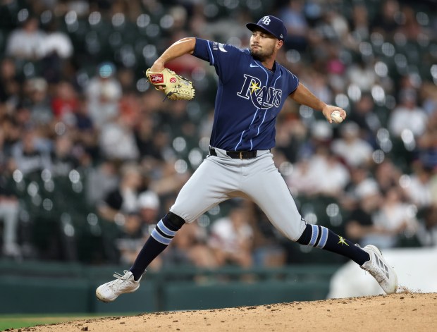 Tampa Bay Rays starting pitcher Shane McClanahan (18) delivers to the Chicago White Sox in the third inning of a game at Rate Field in Chicago on April 14, 2026. (Chris Sweda/Chicago Tribune)