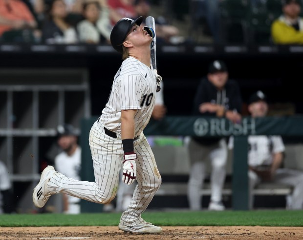 Chicago White Sox second baseman Chase Meidroth (10) pops out in the ninth inning of a game against the Tampa Bay Rays at Rate Field in Chicago on April 14, 2026. (Chris Sweda/Chicago Tribune)