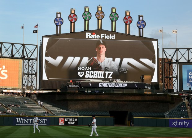 An image of Chicago White Sox starting pitcher Noah Schultz is shown on the big screen before his major league debut against the Tampa Bay Rays at Rate Field in Chicago on April 14, 2026. (Chris Sweda/Chicago Tribune)