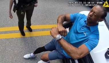 In this image taken from police body camera video provided by the Martin County Sheriff’s Office, Tiger Woods performed a sobriety test.