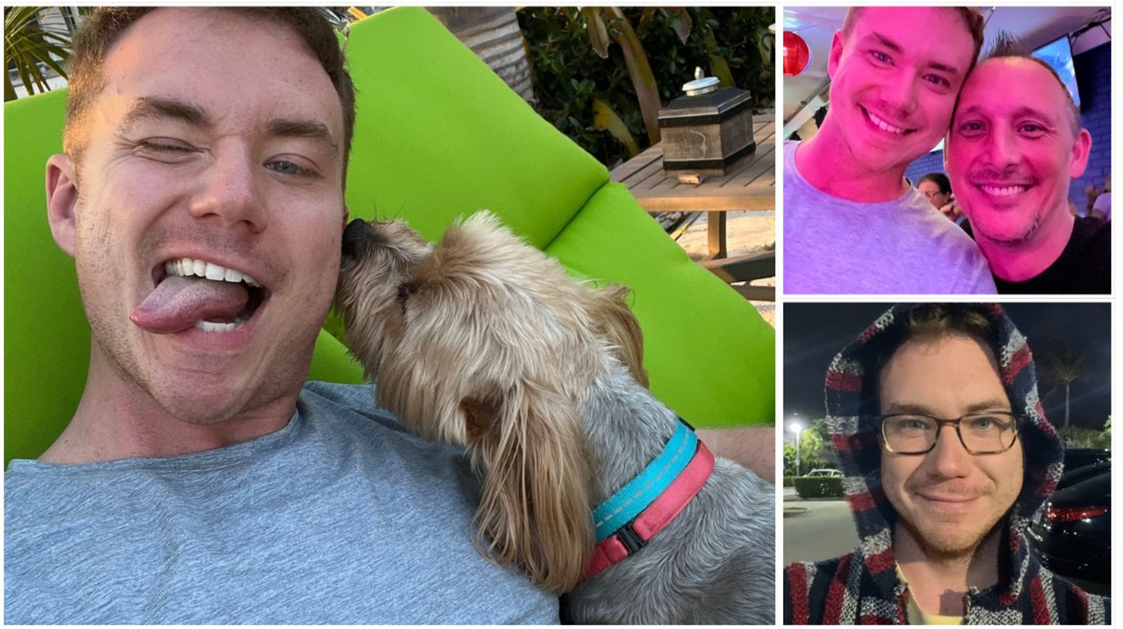 A collage of three photos of Danny Curran. The photo on the left is him with his tongue with a dog that appears to be a Yorkie licking his cheek. The picture in the top right corner is Curran and David Geerders and the bottom right photo is Currant wearing a hoodie wearing glasses.