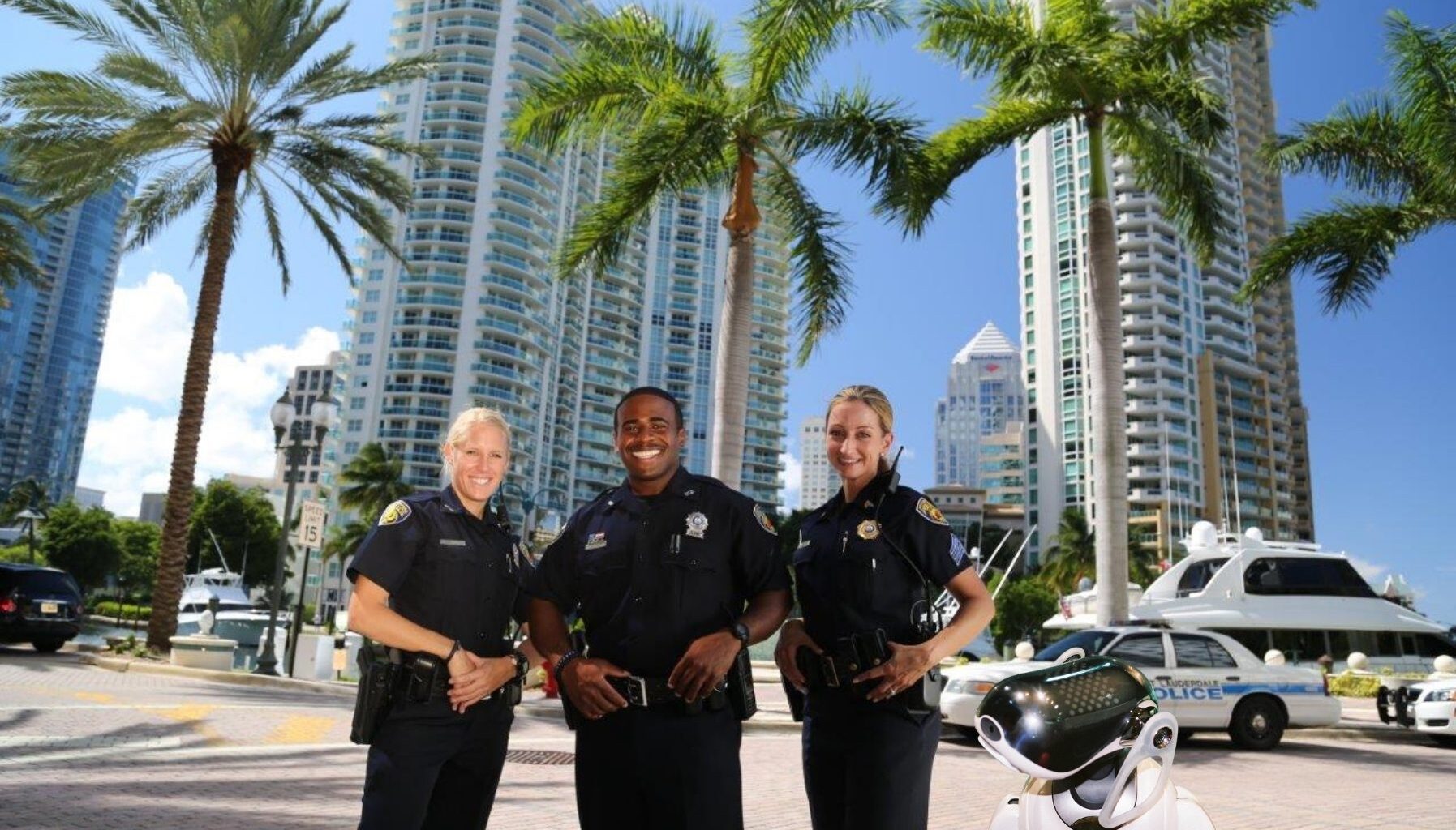 three police officers pose with a robot dog superimposed onto the photo