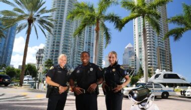 three police officers pose with a robot dog superimposed onto the photo