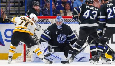Viktor Arvidsson closed in on Andrei Vasilevskiy, but the Lightning netminder made the save.