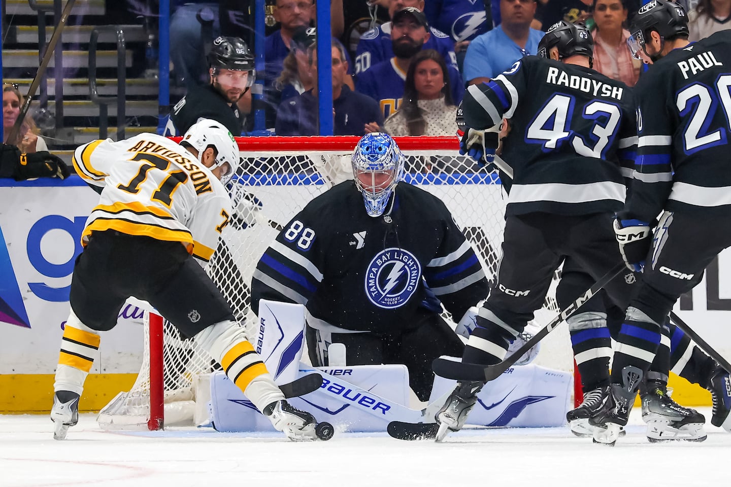 Viktor Arvidsson closed in on Andrei Vasilevskiy, but the Lightning netminder made the save.