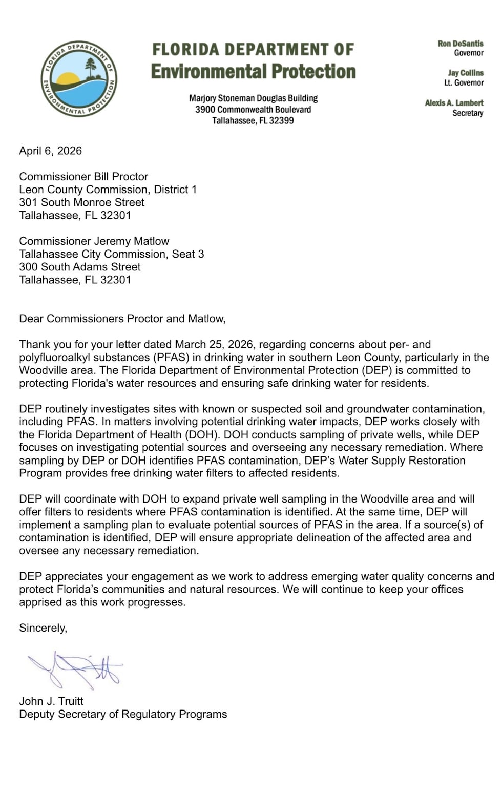 A letter from the Florida Department of Environmental Protection to City Commissioners Jeremy...