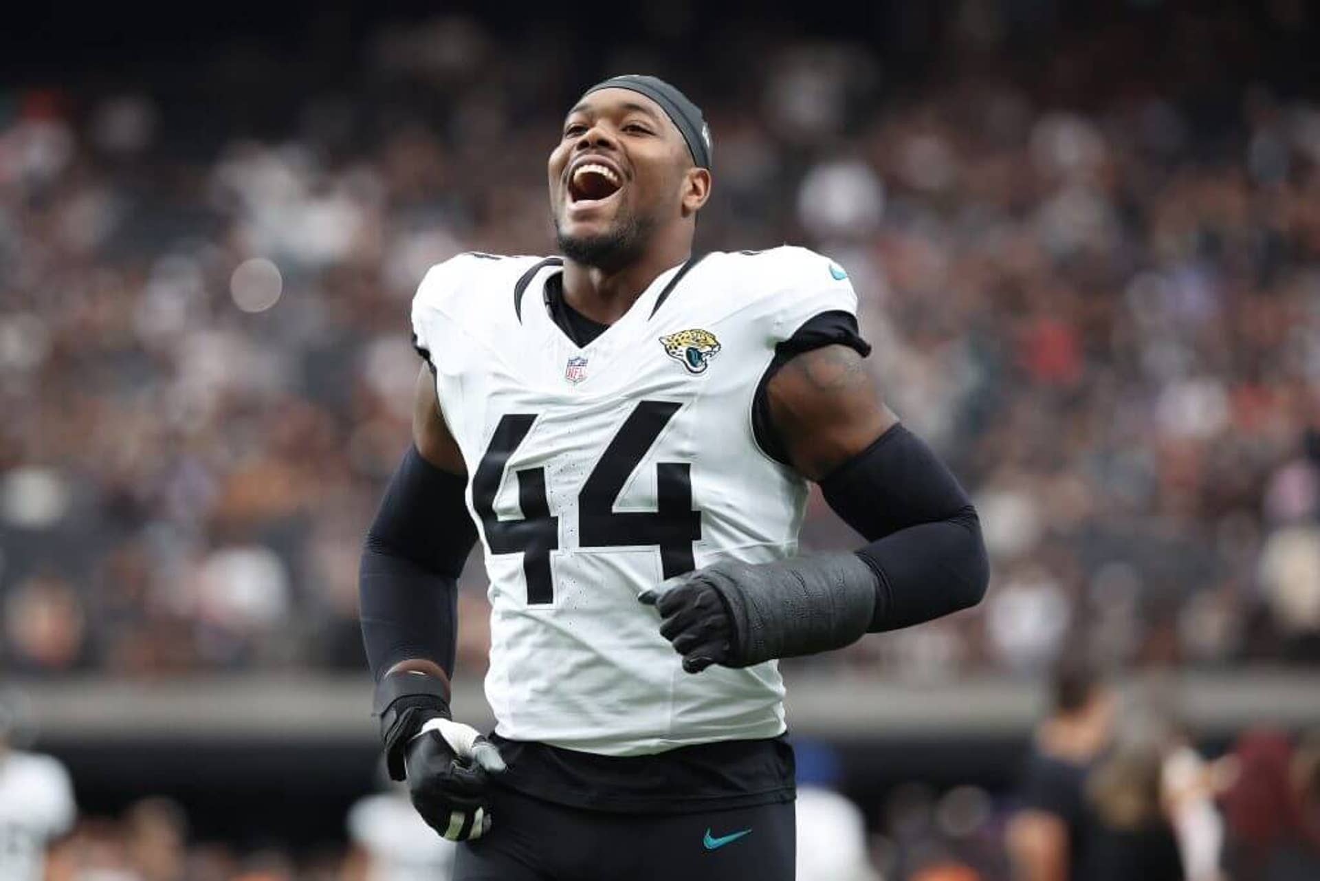 Jacksonville Jaguars defensive end Travon Walker reacts with a smile during a game on Nov. 2, 2025.