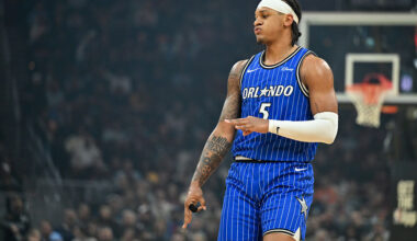 CLEVELAND, OHIO - MARCH 24: Paolo Banchero #5 of the Orlando Magic celebrates making a three-point basket during the first half against the Cleveland Cavaliers at Rocket Arena on March 24, 2026 in Cleveland, Ohio. NOTE TO USER: User expressly acknowledges and agrees that, by downloading and or using this photograph, User is consenting to the terms and conditions of the Getty Images License Agreement. (Photo by Nick Cammett/Getty Images)