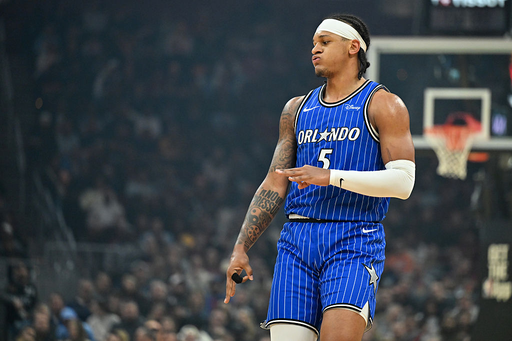CLEVELAND, OHIO - MARCH 24: Paolo Banchero #5 of the Orlando Magic celebrates making a three-point basket during the first half against the Cleveland Cavaliers at Rocket Arena on March 24, 2026 in Cleveland, Ohio. NOTE TO USER: User expressly acknowledges and agrees that, by downloading and or using this photograph, User is consenting to the terms and conditions of the Getty Images License Agreement. (Photo by Nick Cammett/Getty Images)