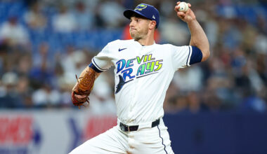 ST. PETERSBURG, FL - APRIL 10: Steven Matz #32 of the Tampa Bay Rays throws against the New York Yankees during the first inning of a baseball game at Tropicana Field on April 10, 2026 in St. Petersburg, Florida. (Photo by Mike Carlson/Getty Images)