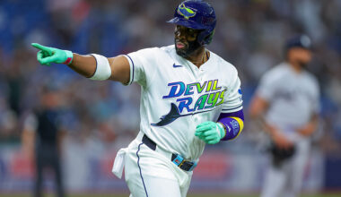 ST. PETERSBURG, FL - APRIL 10: Yandy Díaz #2 of the Tampa Bay Rays celebrates a two-run home run against the New York Yankees during the first inning of a baseball game at Tropicana Field on April 10, 2026 in St. Petersburg, Florida. (Photo by Mike Carlson/Getty Images)