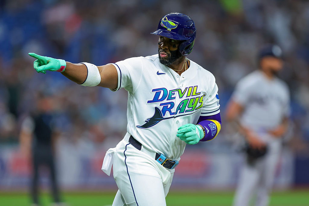 ST. PETERSBURG, FL - APRIL 10: Yandy Díaz #2 of the Tampa Bay Rays celebrates a two-run home run against the New York Yankees during the first inning of a baseball game at Tropicana Field on April 10, 2026 in St. Petersburg, Florida. (Photo by Mike Carlson/Getty Images)