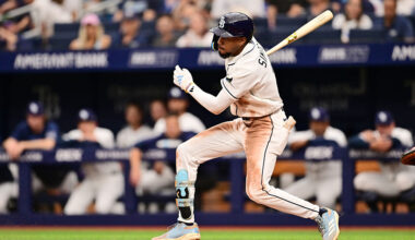 ST PETERSBURG, FLORIDA - APRIL 06: Chandler Simpson #14 of the Tampa Bay Rays bats against the Chicago Cubs during a game at Tropicana Field on April 06, 2026 in St Petersburg, Florida. (Photo by Julio Aguilar/Getty Images)