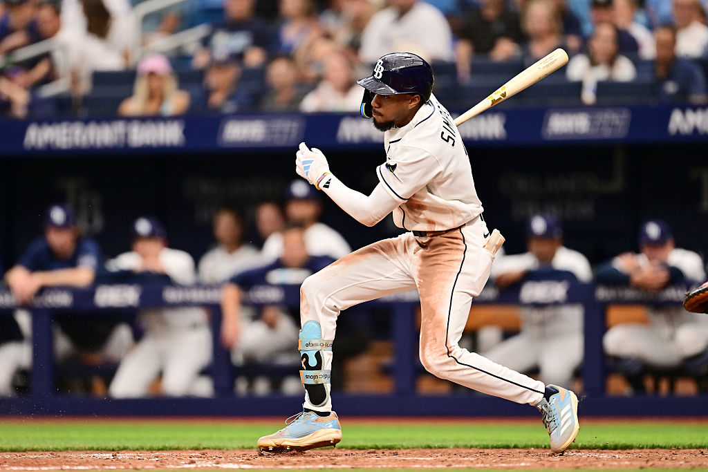 ST PETERSBURG, FLORIDA - APRIL 06: Chandler Simpson #14 of the Tampa Bay Rays bats against the Chicago Cubs during a game at Tropicana Field on April 06, 2026 in St Petersburg, Florida. (Photo by Julio Aguilar/Getty Images)