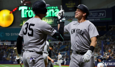 ST. PETERSBURG, FL - APRIL 10: Cody Bellinger #35 high fives Ben Rice #22 of the New York Yankees during the game against the Tampa Bay Rays at Tropicana Field on April 10, 2026 in St. Petersburg, Florida.