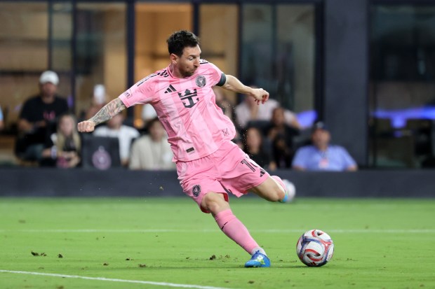 MIAMI, FLORIDA - APRIL 11: Lionel Messi #10 of Inter Miami CF kicks the ball during the MLS match between Inter Miami CF and New York Red Bulls at Nu Stadium on April 11, 2026 in Miami, Florida. (Photo by Leonardo Fernandez/Getty Images)