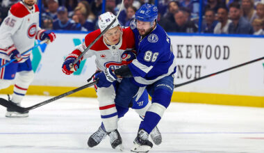 TAMPA, FL - APRIL 19: Nikita Kucherov #86 of the Tampa Bay Lightning collides with Ivan Demidov #93 of the Montreal Canadiens in the first period of Game One of the First Round of the 2026 Stanley Cup Playoffs at the Benchmark International Arena on April 19, 2026 in Tampa, Florida. (Photo by Mike Carlson/Getty Images)