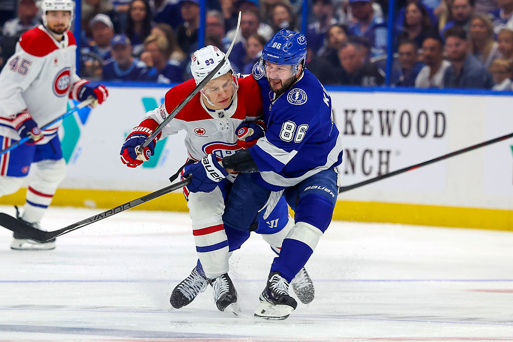TAMPA, FL - APRIL 19: Nikita Kucherov #86 of the Tampa Bay Lightning collides with Ivan Demidov #93 of the Montreal Canadiens in the first period of Game One of the First Round of the 2026 Stanley Cup Playoffs at the Benchmark International Arena on April 19, 2026 in Tampa, Florida. (Photo by Mike Carlson/Getty Images)