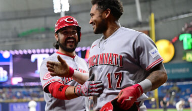 ST PETERSBURG, FLORIDA - APRIL 21: Dane Myers #17 celebrates with Eugenio Suárez #28 of the Cincinnati Reds after scoring in the sixth inning against the Tampa Bay Rays at Tropicana Field on April 21, 2026 in St Petersburg, Florida.