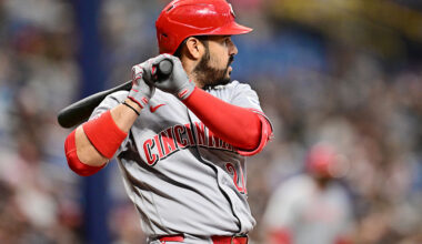 ST PETERSBURG, FLORIDA - APRIL 21: Eugenio Suárez #28 of the Cincinnati Reds at bat during a game against the Tampa Bay Rays at Tropicana Field on April 21, 2026 in St Petersburg, Florida. (Photo by Julio Aguilar/Getty Images)