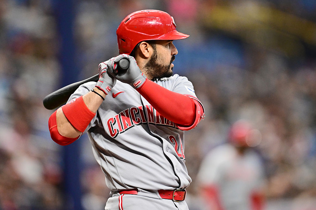 ST PETERSBURG, FLORIDA - APRIL 21: Eugenio Suárez #28 of the Cincinnati Reds at bat during a game against the Tampa Bay Rays at Tropicana Field on April 21, 2026 in St Petersburg, Florida. (Photo by Julio Aguilar/Getty Images)