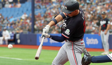 ST. PETERSBURG, FL - APRIL 26: Minnesota Twins Infielder Brooks Lee (22) at bat during the regular season game between the Minnesota Twins and the Tampa Bay Rays on April 26, 2026, at Tropicana Field in St. Petersburg, FL. (Photo by Cliff Welch/Icon Sportswire via Getty Images)