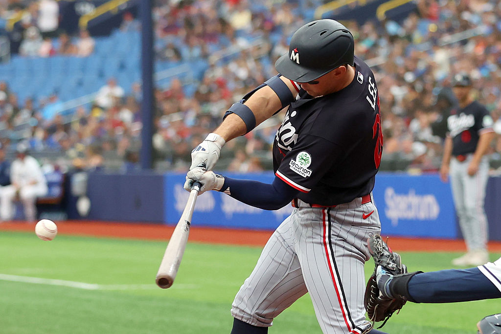 ST. PETERSBURG, FL - APRIL 26: Minnesota Twins Infielder Brooks Lee (22) at bat during the regular season game between the Minnesota Twins and the Tampa Bay Rays on April 26, 2026, at Tropicana Field in St. Petersburg, FL. (Photo by Cliff Welch/Icon Sportswire via Getty Images)