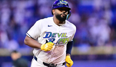 ST PETERSBURG, FLORIDA - APRIL 24: Junior Caminero #13 of the Tampa Bay Rays runs the bases after hitting a two-run home run in the seventh inning against the Minnesota Twins at Tropicana Field on April 24, 2026 in St Petersburg, Florida. (Photo by Julio Aguilar/Getty Images)