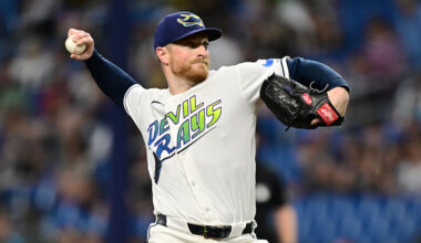 ST PETERSBURG, FLORIDA - APRIL 24: Drew Rasmussen #57 of the Tampa Bay Rays delivers a pitch in the first inning against the Minnesota Twins at Tropicana Field on April 24, 2026 in St Petersburg, Florida.